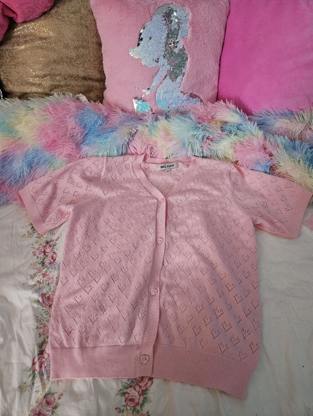 Grace Karin   Space Knit Pink Button-Up Cardigan Top - Kids